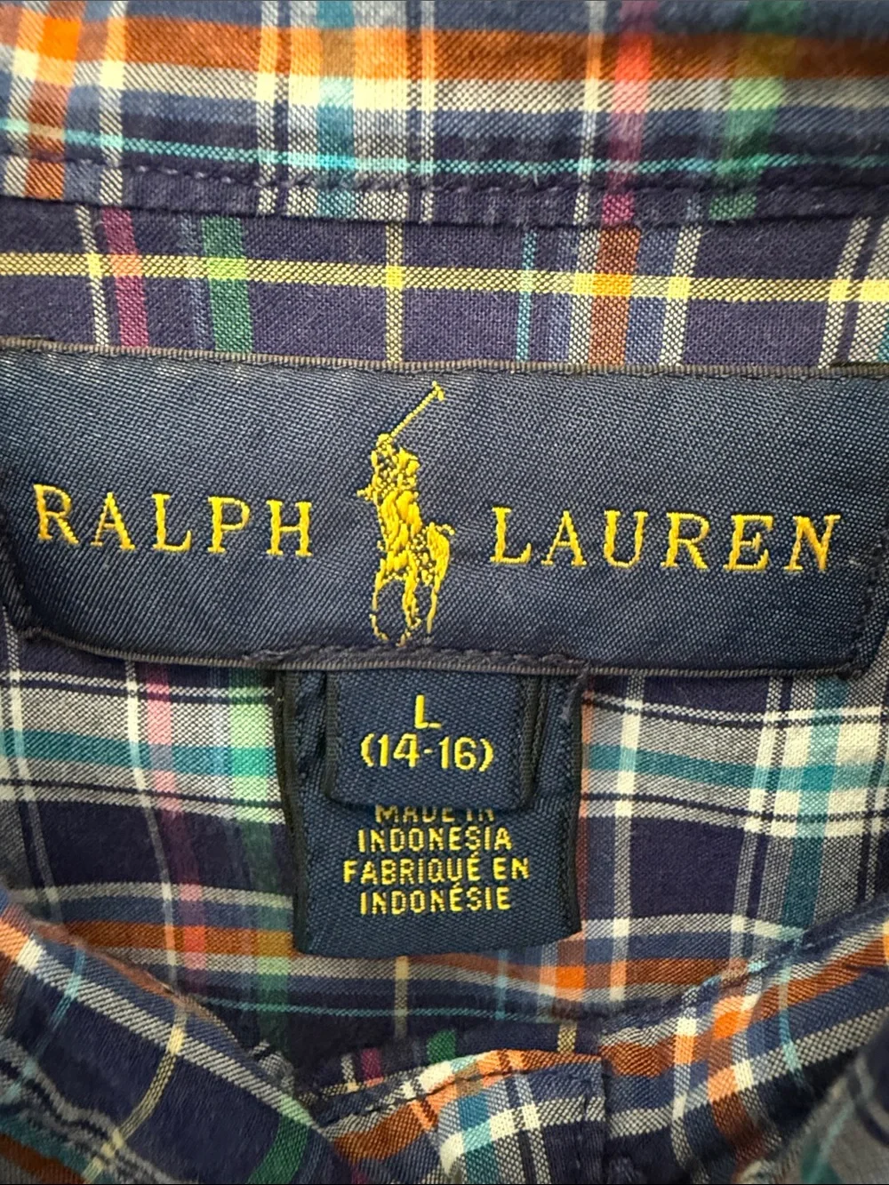 Polo by Ralph Lauren Boys Green & Navy Plaid Button-Down Shirt size L  14/16